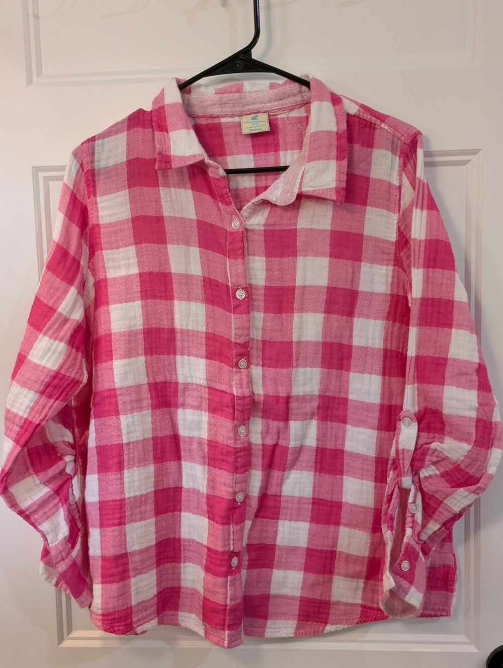 🔴 3/$15 Caribbean Joe Pink & White Plaid Women's Button-Up
